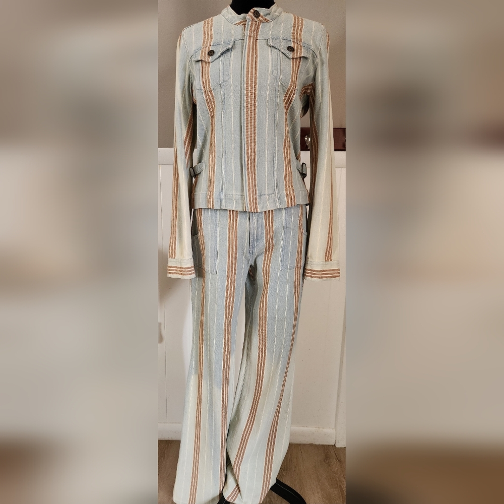 Earl Jeans Vintage Blue, Brown & Cream Striped Pantsuit Set